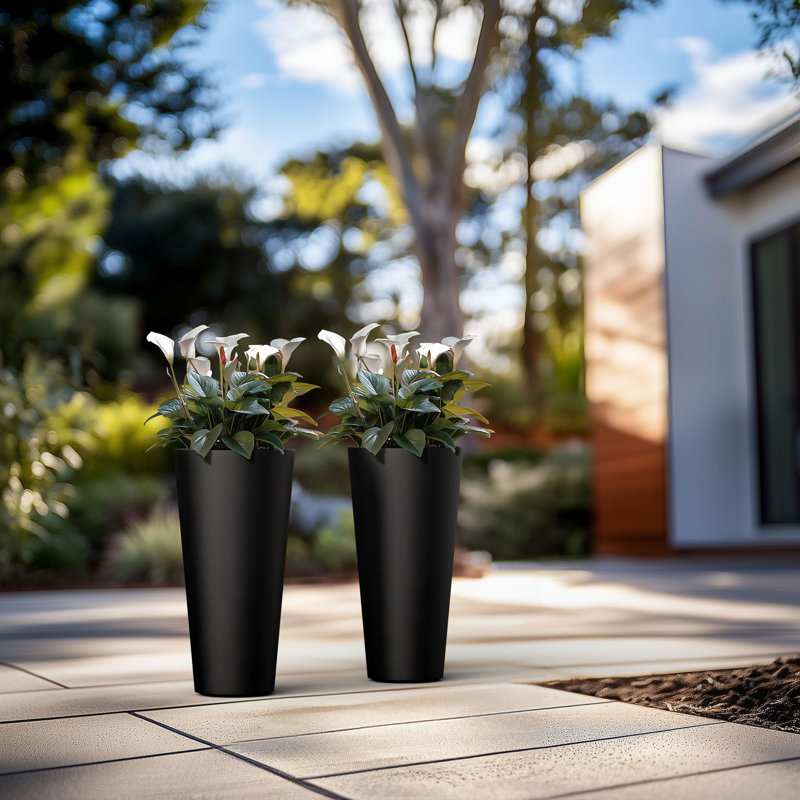 8 In. Medium Concrete Round Planter / Pot With Drainage Holes Set Of 2, Charcoal Black
