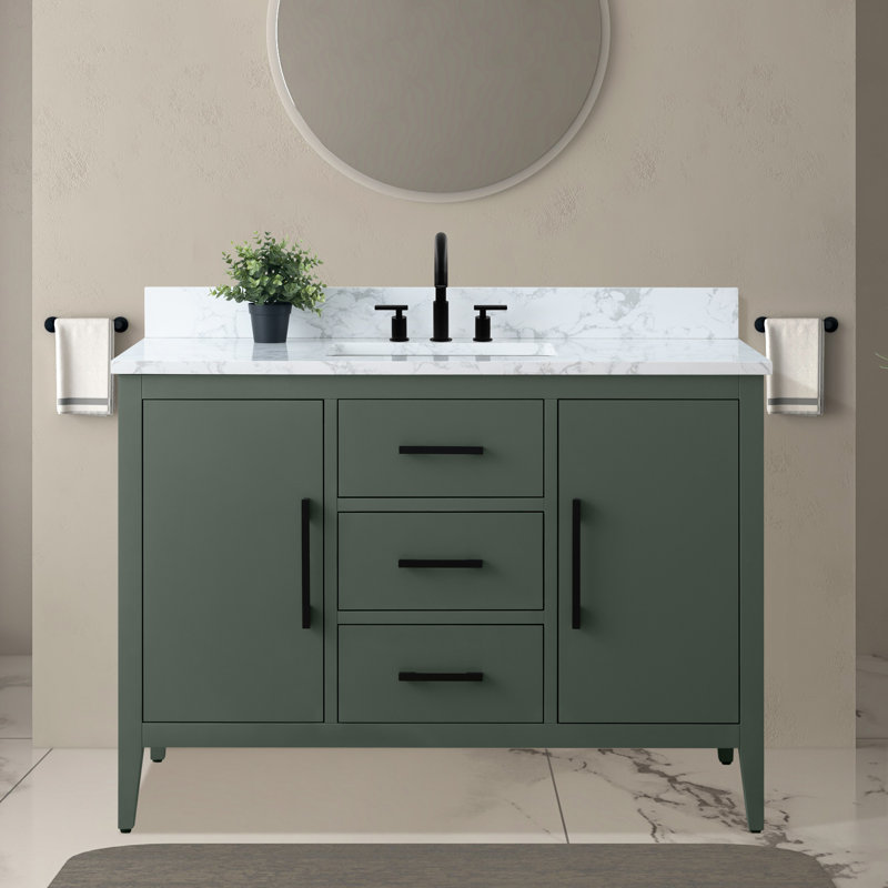 Ensemble de meuble-lavabo simple 48 po avec plateau en marbre Chambery, Vert rétro, Noir mat