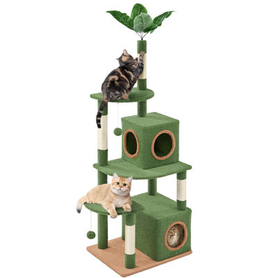 59In Palm Cat Tree, Cute Cat Tower W/Green Palm Frond, Spacious Platform, Double-Level Cat Condo, Scratching Posts, Fluffy Balls For Cat Kitty, Multi-Level Large Cat Tree For Indoor Cats