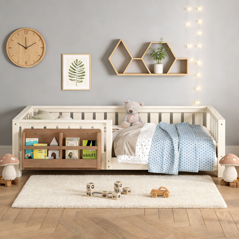 Twin Floor Bed With Slats And Safety Guardrail, Twin Size Montessori Floor Bed With Fence And Built-in Bookshelf, Easy Assemble Montessori Beds For Kids, Girls, Boys,beige