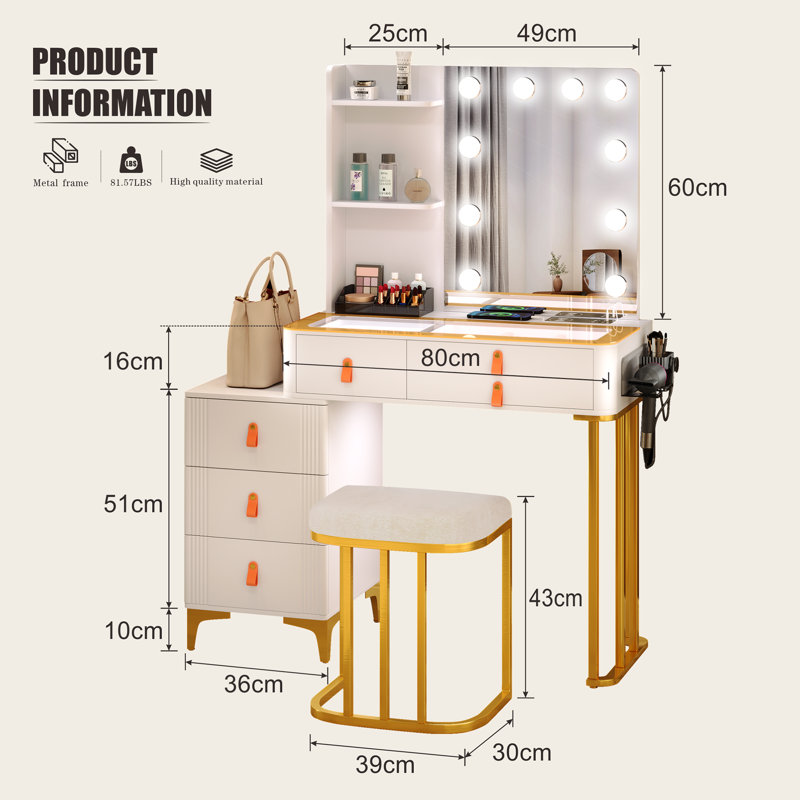 Dressing Table with Mirror, White/Gold