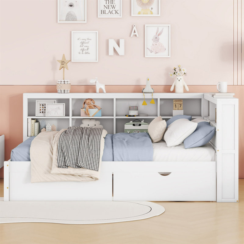 Lit de jour en bois double avec 2 tiroirs, lit de jour avec tablette de rangement et ports de chargement USB, blanc (ancien SKU: N733S170505K)
