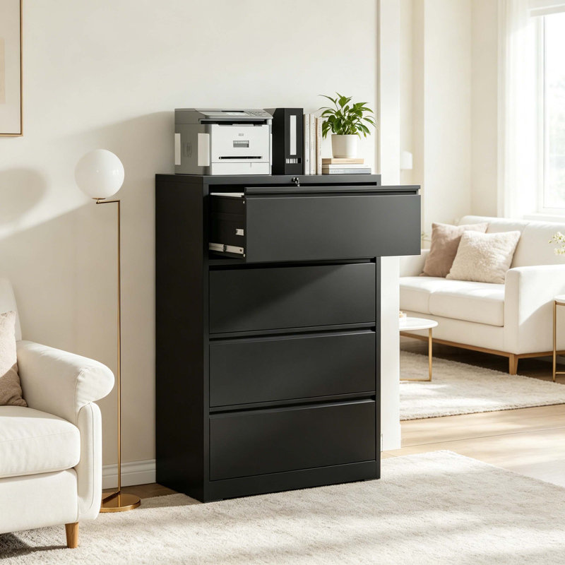 Heavy-Duty Lateral Metal File Cabinet with Lock, 4-Drawer Anti-Tip Interlock Office Storage Cabinet with Full Extension Slides for Home & Commercial Workplace