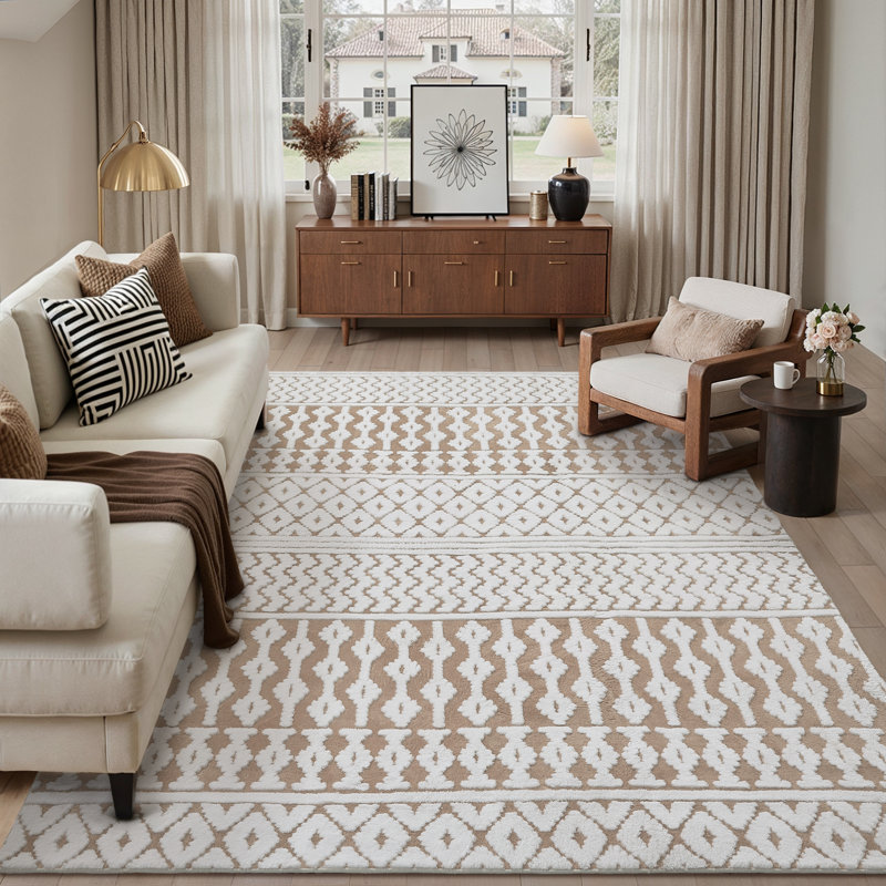 Bohemian Neutral Tribal Stripe Soft Cotton Velvet Area Rug, Brown, Rectangle 8' x 10'