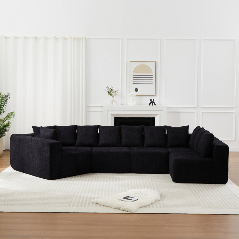 Très grand canapé modulaire à assise profonde en L avec fauteuil inclinable et coussins, aucun assemblage requis., Noir