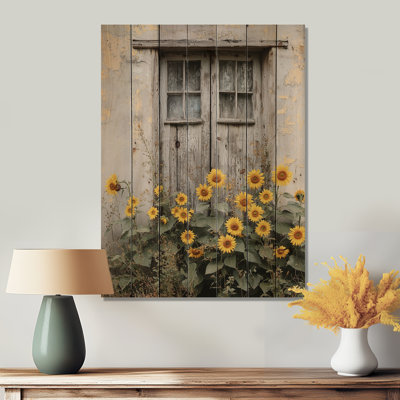 Countryside Sunflowers And The Barn Door - Sunflowers Wood Wall Art - On Natural Pine Wood