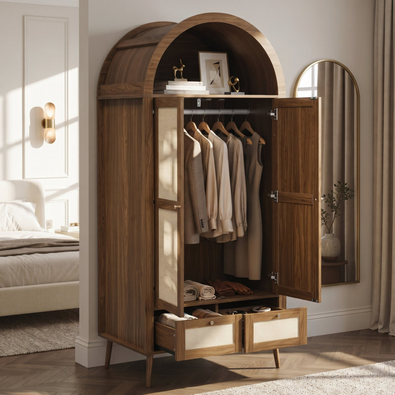 Arched Double Wardrobe with Rattan-Effect, 2 Doors, 2 Drawers, Hanging Rail & Display Shelf