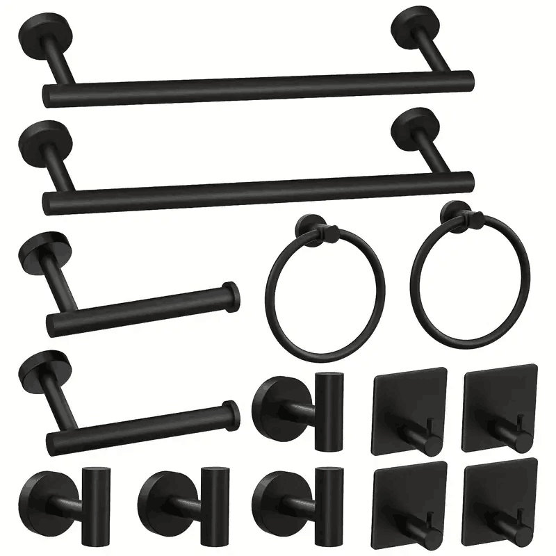 14 Pcs Black Bathroom Hardware Set Stainless Steel Towel Bar Towel Racks Hooks