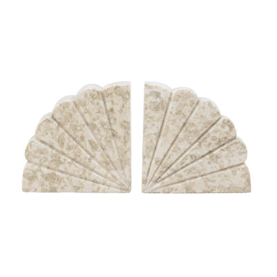 S/2 12x6x2" Fan Shaped Cream Marble Bookends