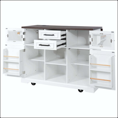54.9" Kitchen Island with Cross Barn Doors, Glass Door, and Power Outlet – Black