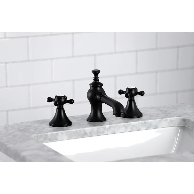 Kingston Brass English Country Two-Handle 3-Hole Deck Mount Widespread Bathroom Faucet with Brass Pop-Up Drain, Matte Black
