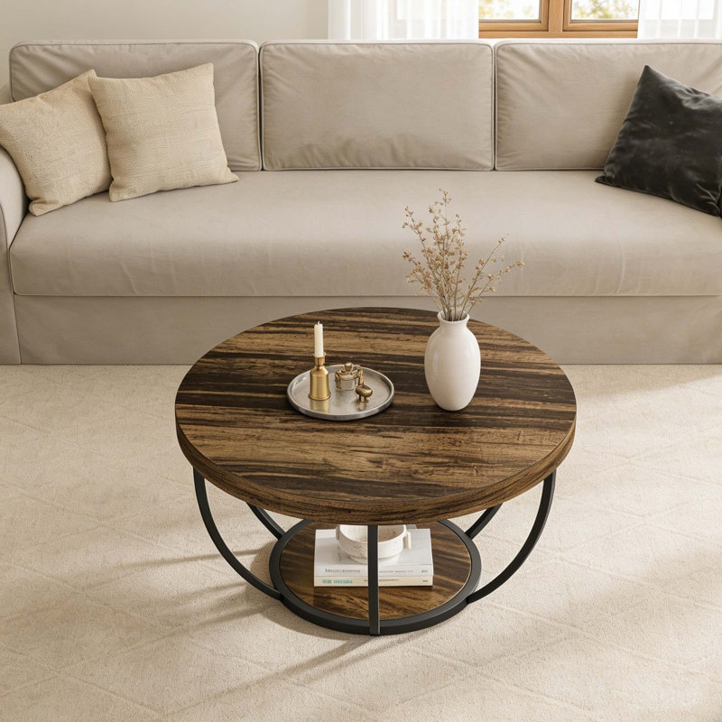 2-Tier Round Wooden Central Cocktail Table With Shelves, Brown & Black