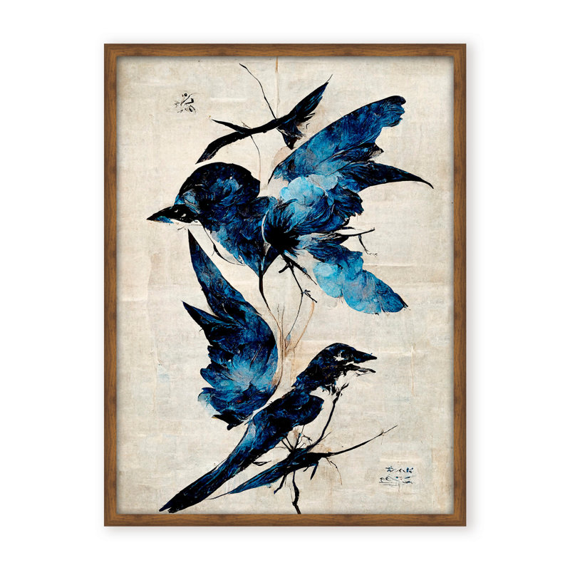Nature Inspired Blue Birds, 30" H x 24" W x 1.125" D, Framed Matted Print, White