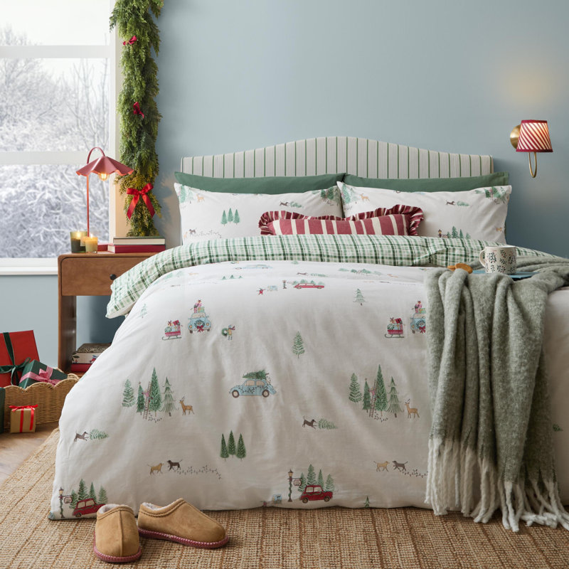 Christmas Tree Lane 100% Cotton Duvet Cover Set, Double Bed (200x220cm)Duvet Cover + 2 Pillowcases