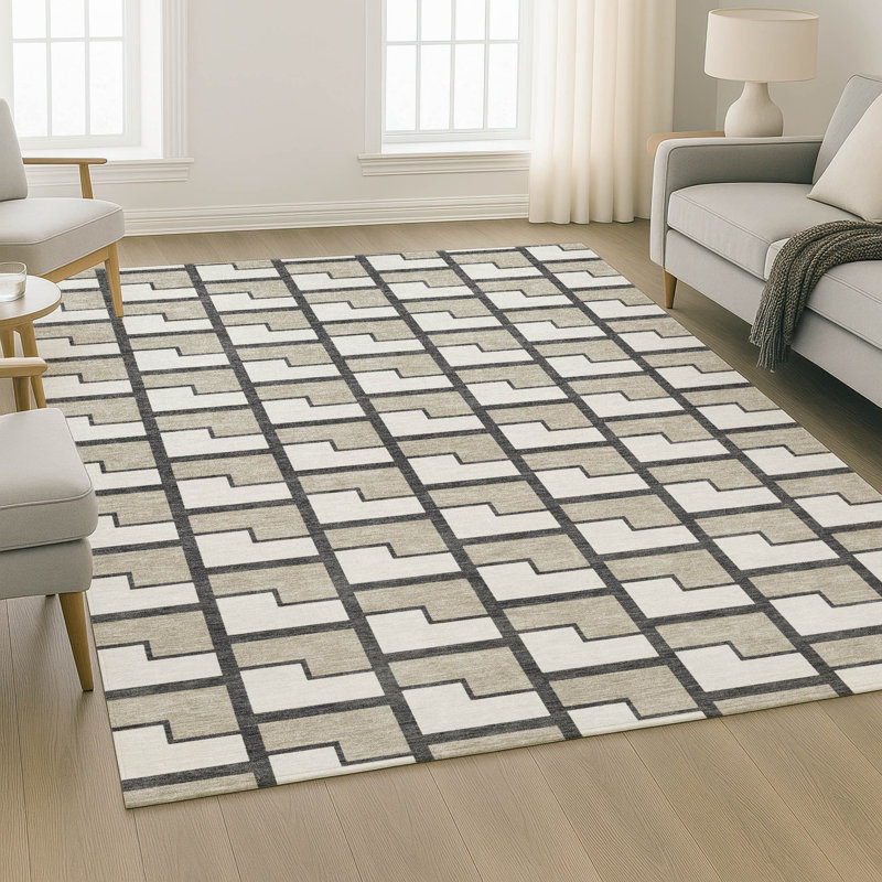Premium Machine Washable Mayfield AMF2416 Geometric Rug, Ivory, 9' x 12'