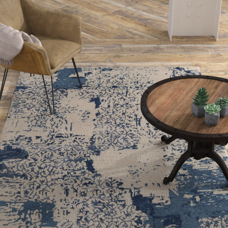 Tapis en laine et viscose à motif abstrait camouflage bleu beige et gris fait à la main Knightsville