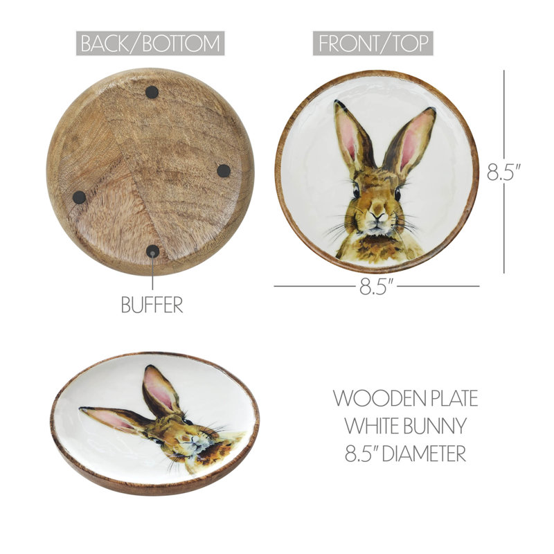 Bunny Hop Wooden Plate White w/ Bunny, 8.5" H x 8.5" W x 0.75" D