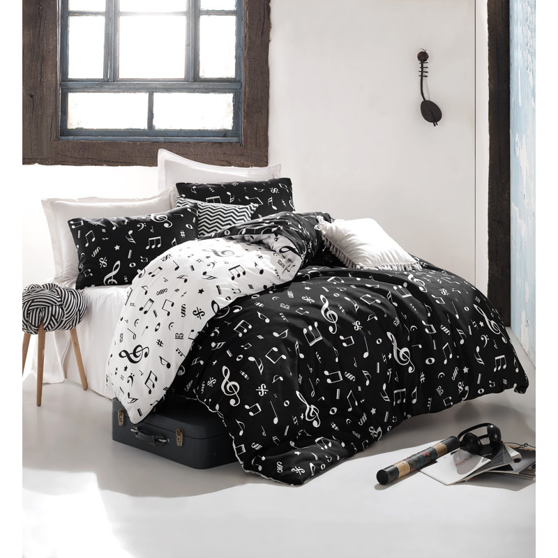 Ensemble de housse de couette 2 pièces en mélange de coton noir / blanc Nenuphar
