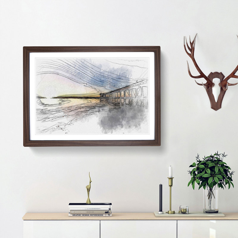 Pier in San Diego Sketch - Picture Frame Graphic Art Print, 62cm H x 87cm W x 2cm D, Walnut Framed