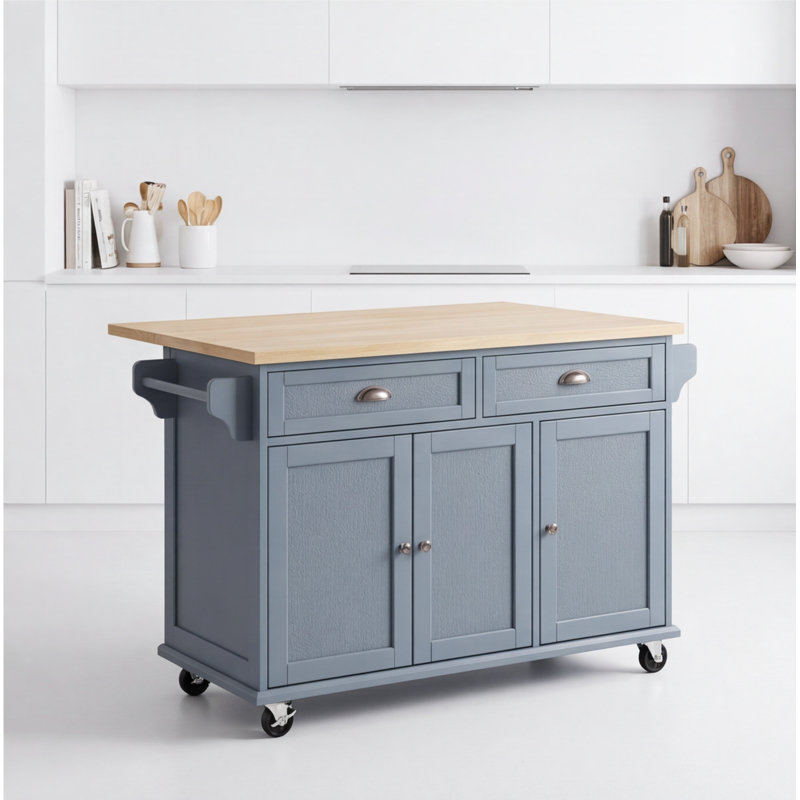 Grand îlot de cuisine à roulettes de 54 pouces avec abattant, plateau en bois d'hévéa, bleu gris estampé