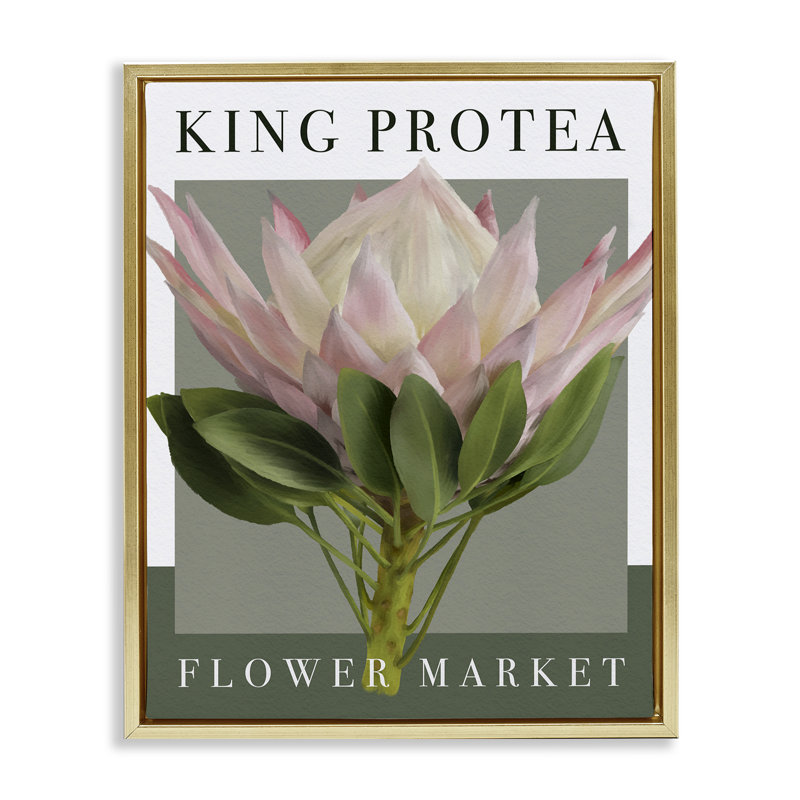 Cadre flottant pour le marché aux fleurs du roi Protea, design par Jennifer Stith, Cadre flottant métallique doré