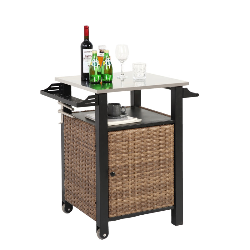 Single Door Bar Cart,Outdoor Kitchen Wicker Island Rolling Cart & Storage Cabinet, Wheels And Stainless Steel Extended Table Top, Side Handle