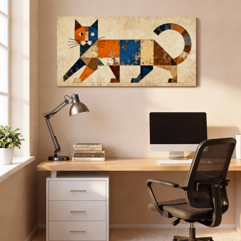 «Geometric Cat», art abstrait sur toile tendue sur toile, ensemble de 1, H 12 po x l 36 po
