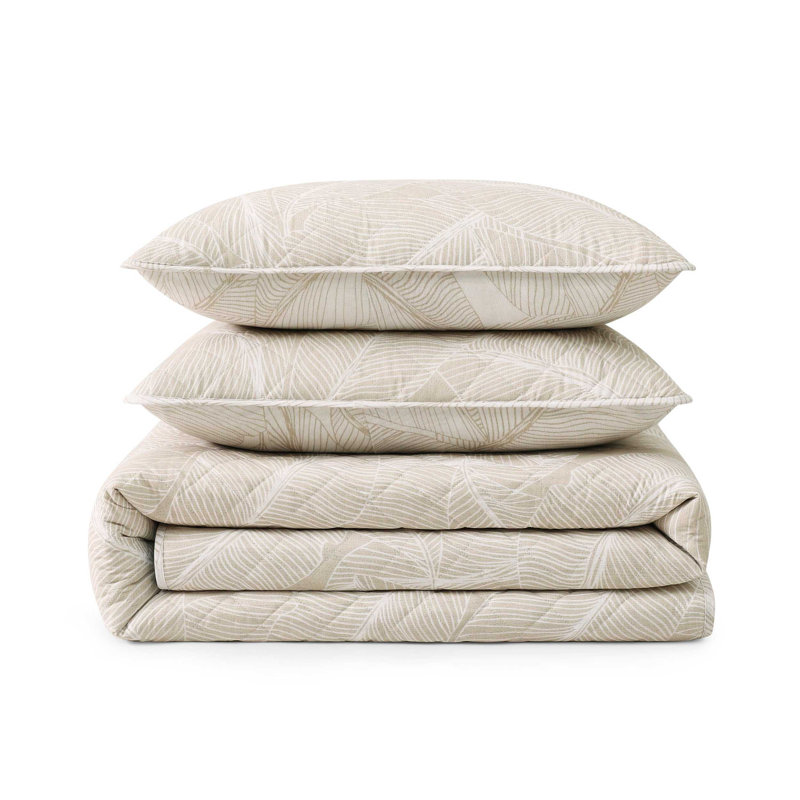 Tommy Bahama Pebble Palms Cotton Reversible Beige Quilt Set, Queen Quilt + 2 Standard Shams
