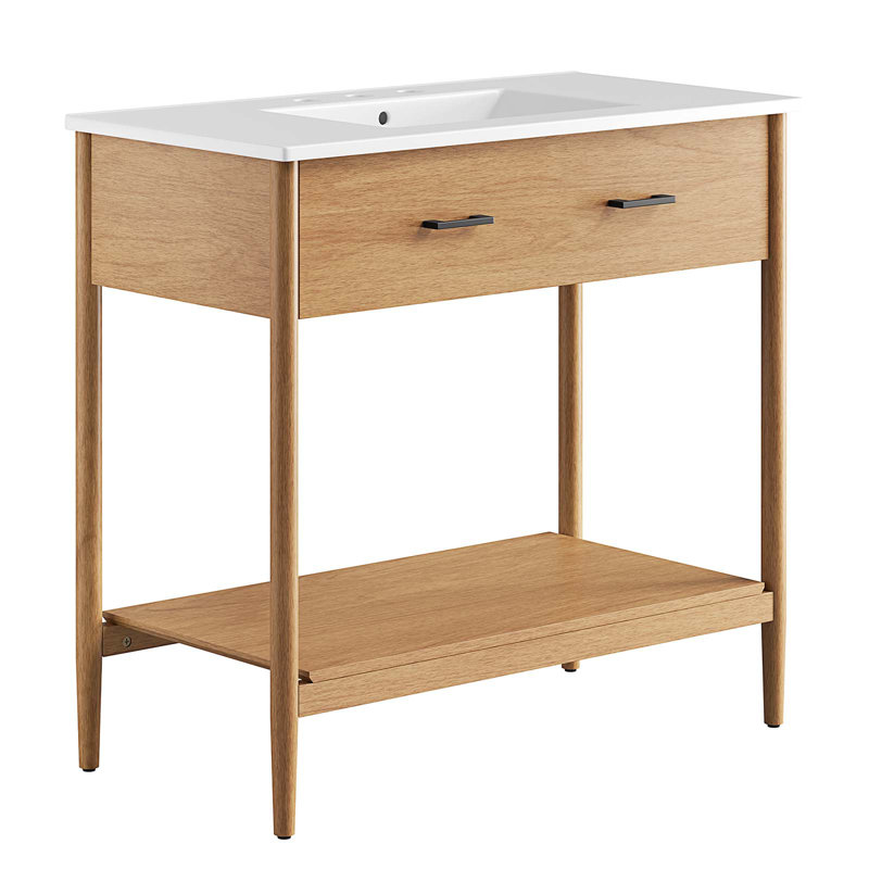 Meuble-lavabo simple 36 po avec plateau en céramique Modway Zaire, Naturel, Blanc
