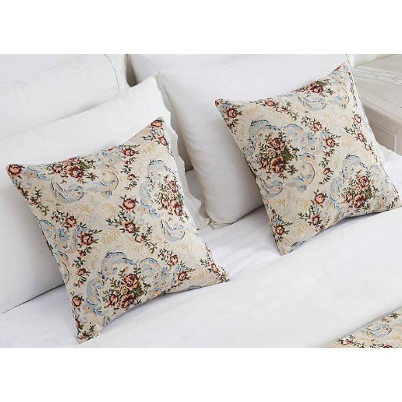 Pair of 18X18 Floral Throw Pillow Covers Embroidered with Roses Flower Design, Red/Blue Floral, Twin Pillowcase