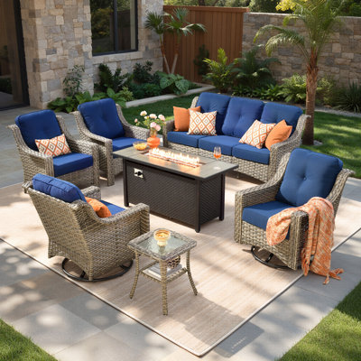 Daliya 7 - Person Outdoor Wicker Patio Conversation Furniture Set With Fire Pit Table And Swivel Rocking Chairs