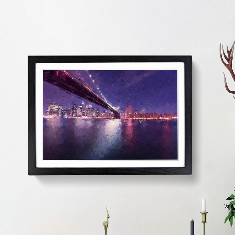 Brooklyn Bridge in New York City in Abstract - Picture Frame Painting Print, 27cm H x 36cm W x 2cm D, Black Framed