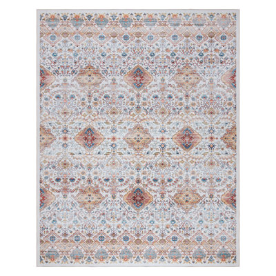 Samira Tanis Ivory Tan Gold Moroccan Bohemian Machine Washable Indoor Area Rug, Flat Pile for Living Room & Bedroom - Ivory, 9x13
