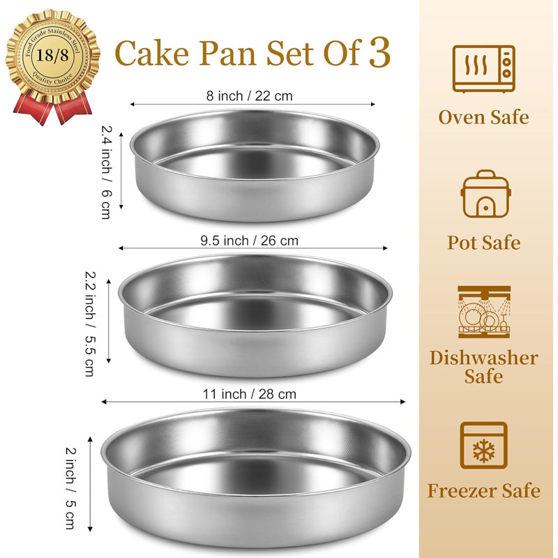 Ensemble de 3 moules à gâteau ronds en acier inoxydable (8 pouces / 9½ pouces / 11 pouces)