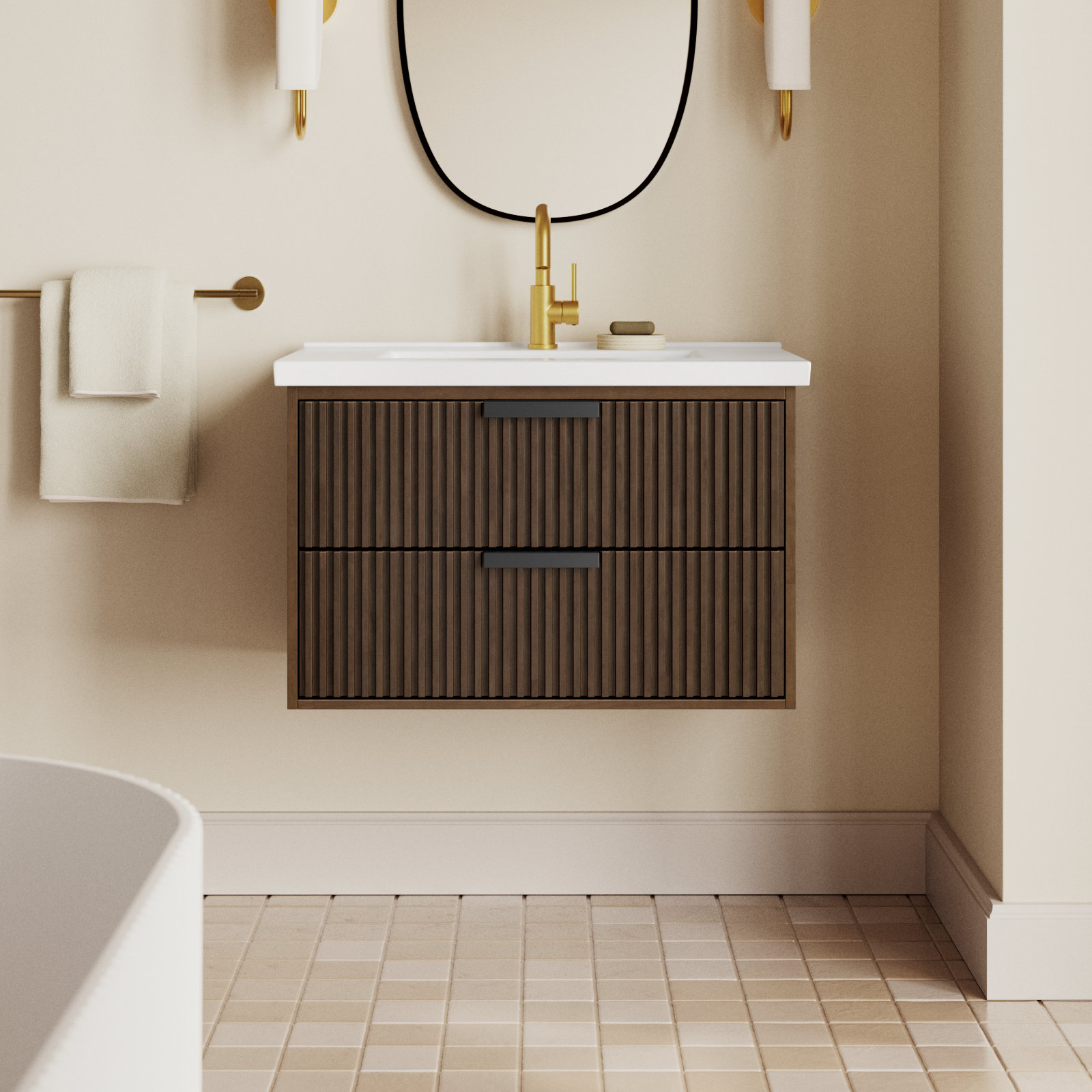 Anelie 30'' Single Bathroom Vanity, Walnut, Matte Black