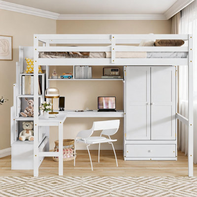 Solid Pine Wood Clean White Full Size Loft Bed, All-In-One Multi-Functional Furniture for Small Bedroom Sleep and Study
