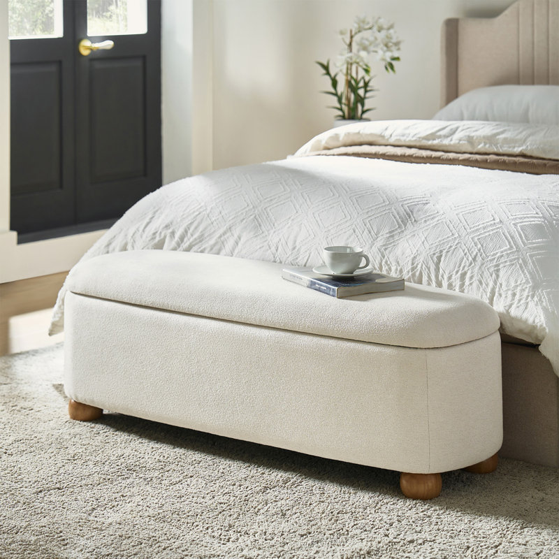 Darioush Modern 51" Wide Polyester Storage Bench with Solid Wood Legs and Two Ottomans, Ivory