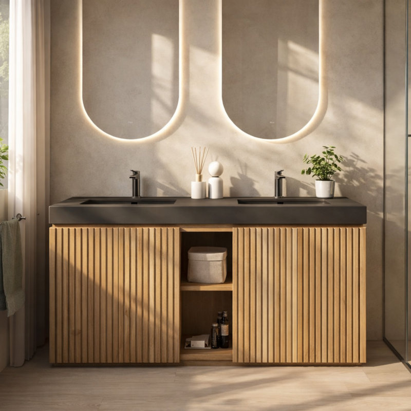 Meuble-lavabo double autoportant de 60 po Adria avec lavabo à quartz noir intégré, armoire en bois cannelé, rangement à fermeture en douceur, brun noyer / fumé / chêne clair