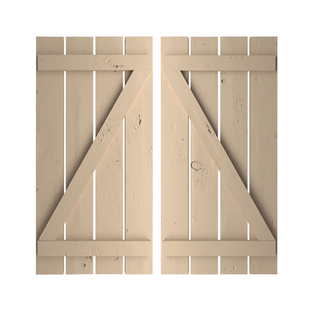 Rustic Four Board Spaced Board-n-Batten Faux Wood Shutters w/Z-Board (Per Pair) Ekena Millwork 