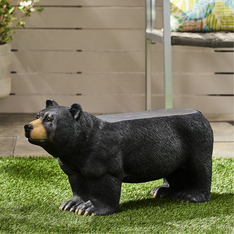 Banc en béton noir mat avec décoration captivante d'ours - sans assemblage, H 16,77 po x l 32,53 po x P 11,35 po