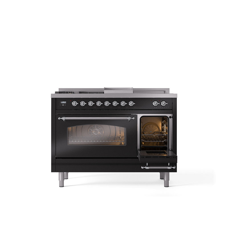 ILVE Nostalgie II 48 Dual Fuel Range, Glossy Black/Chrome, Natural Gas