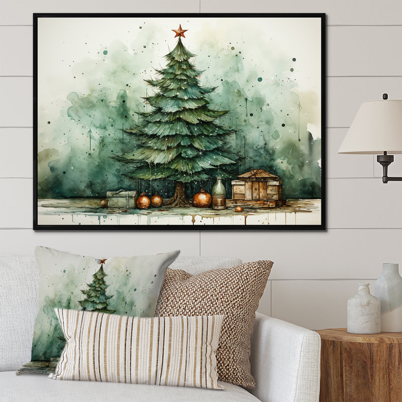 Minimalisme, arbre de Noël forêt III - pin, art mural, Cadre flottant noir, H 16 po x l 32 po x P 1 po