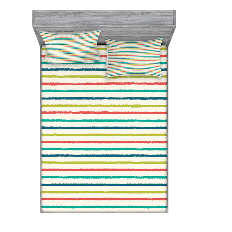 Microfiber Abstract Sheet Set, Twin XL Sheet Set with Fitted Sheet, Blue/Red/Yellow, Striped