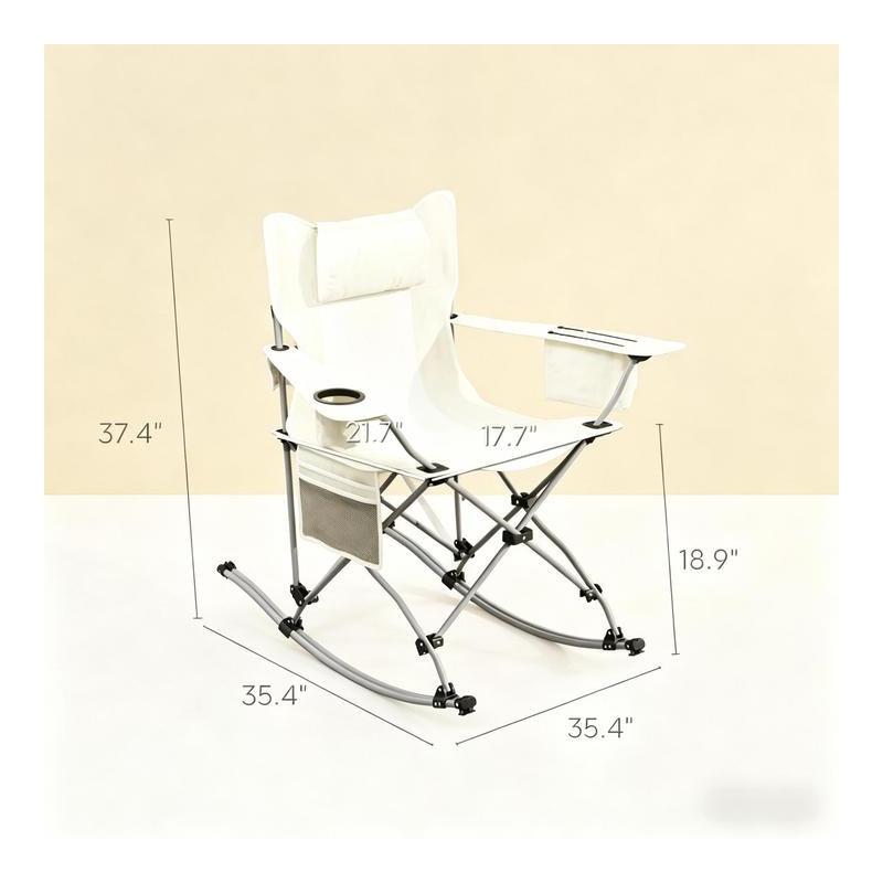 Outsunny Set of 2 Portable Folding Rocking Camping Chairs with Padded Headrest & Cooler Bag,White, Cream White