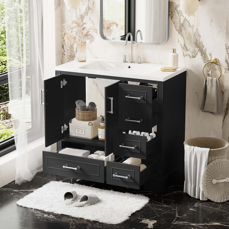 Meuble-lavabo de salle de bain avec lavabo en résine, armoire de salle de bain avec deux portes et quatre tiroirs, armoire d'appoint