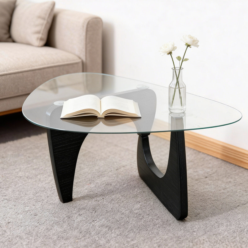 35,8 po x 25,5 po x 16 po Table basse rectangulaire moderne avec base en bois massif et table triangulaire en verre Mobilier de bureau chic pour la maison, couleur noire