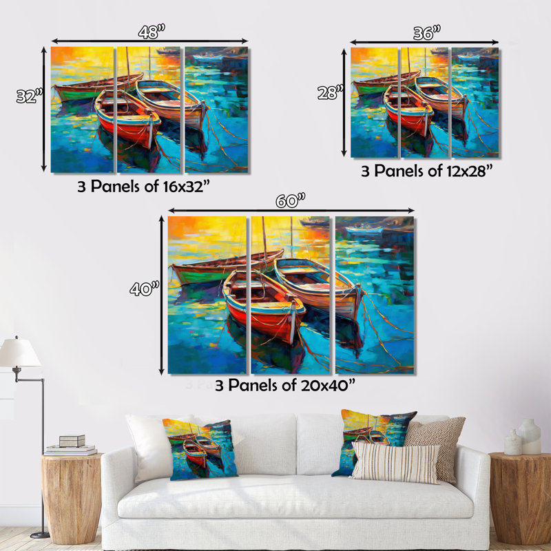 Trois bateaux dans le port I, reproduction sur toile 3 pièces, H 28 po x l 36 po x P 1 po