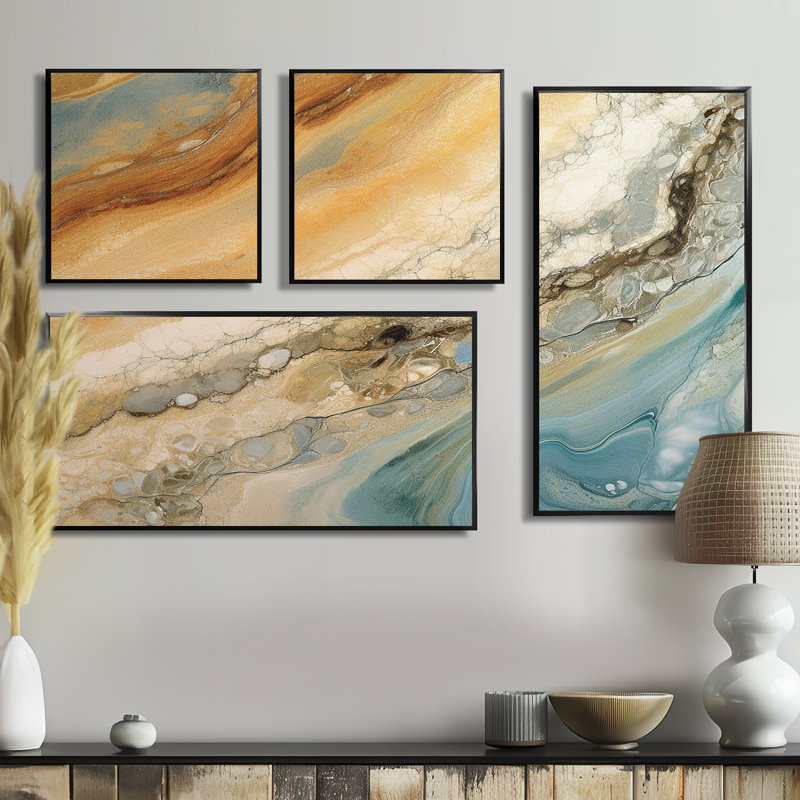 «Beige Blue Aqua Symphony», art mural abstrait grand 4 pièces, Impression encadrée sans passe-partout, Noir