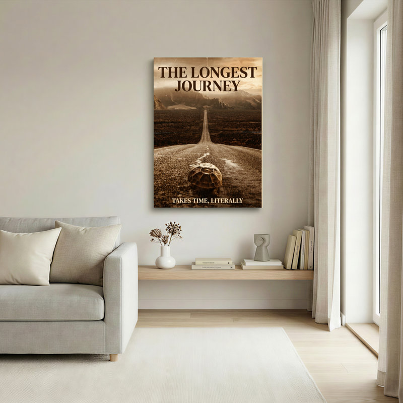 Ensemble d'une toile tendue « Le plus long voyage : la route de la tortue »., H 18 po x l 12 po