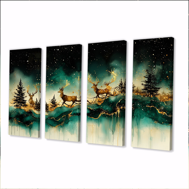 «Christmas Reindeer Sleigh Ride Fun - Christmas Santa Deer», ensemble d'art sur toile, H 28 po x l 48 po